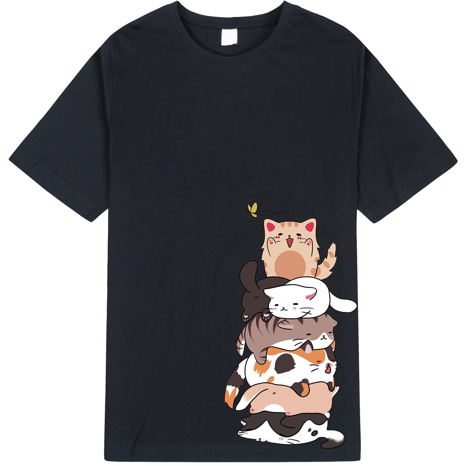 BINTEHGS Lindas camisas para niñas de manga corta con diseño de gato, cuello redondo, de dibujos animados, casual, de algodón, para verano, ropa