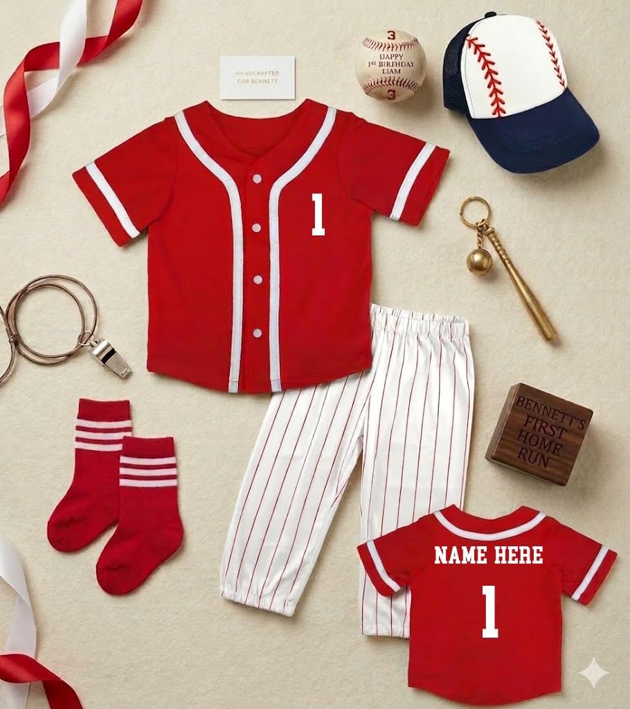 Rookie of the Year 1st Birthday Outfit – Red Baseball Jersey Bodysuit & Pinstripe Set – Personalized First Birthday Boy Gift – Sports Theme Cake Smash Outfit