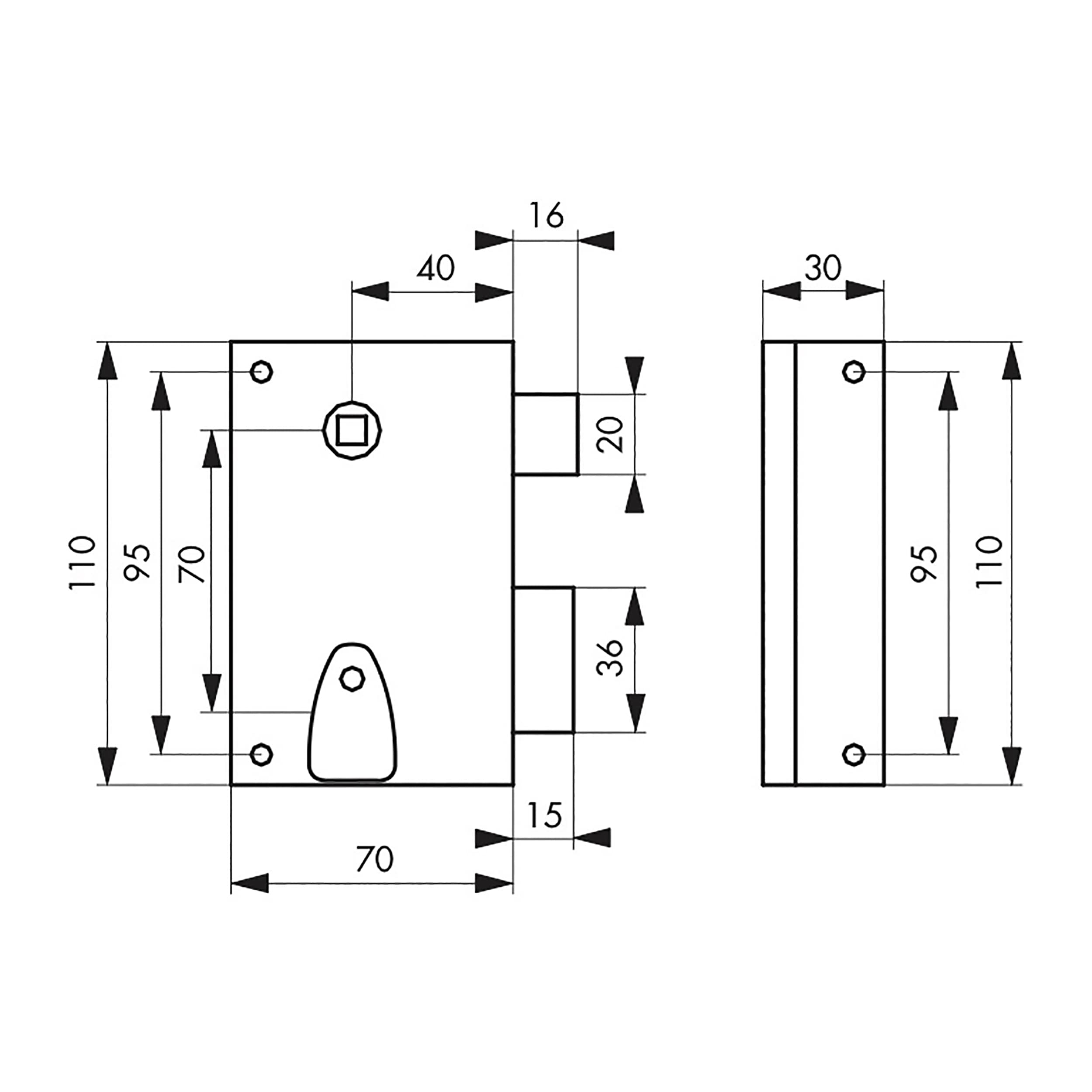THIRARD Serrure en applique droite, Carré 7 mm, Axe 40 mm, 110 x 70 mm