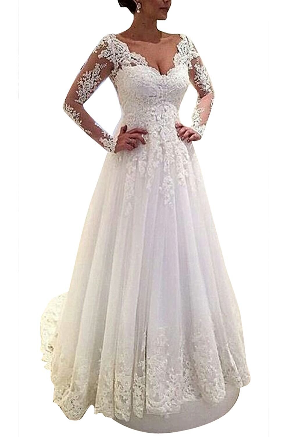Vestido de Novia de Manga Larga de Sirena sin Hombros, Blanco de Gasa Delgada, 42