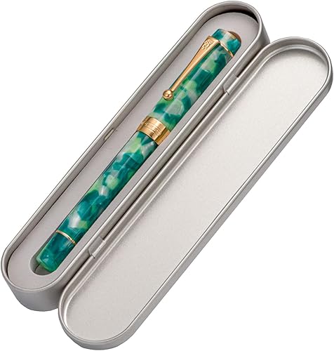 Miniatura 4 de Jinhao - Pluma estilográfica clásica con borde dorado de mármol verde, punta M con convertidor y estuche para bolígrafos