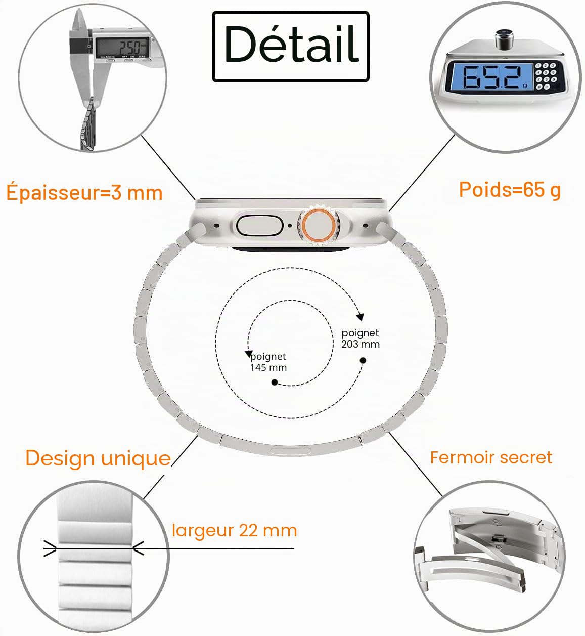 Bracelet Titane Apple Watch 11/10/9, Ultra 3, SE 3, Maille Plate DLC | MaKTech, Revêtement DLC Résistant aux Rayures, Fermoir Déployant, pour Apple Watch Series 11/10/9/8/7, Ultra 3/2, SE 3/2