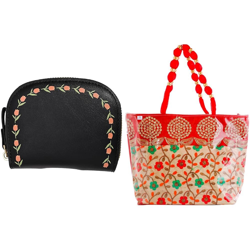Floral Vine Print PU Batua Purse, Cash & Coin Pocket Wallet for Women with Zip | + Laminated Embroidery Hand Bag, Tote Bag, Purse for All Occasion for Women & Girls (Red)-image-27