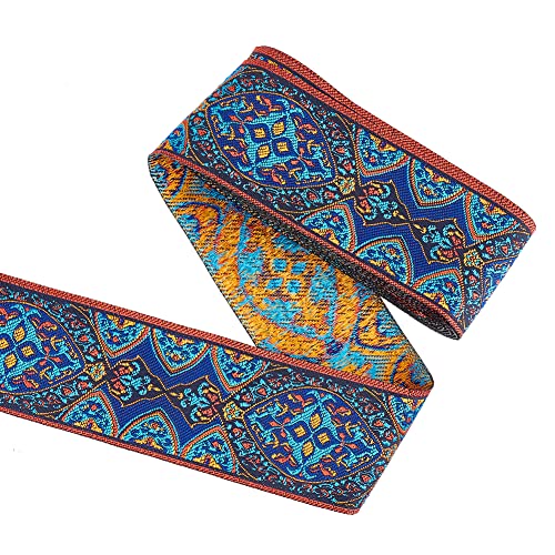 FINGERINSPIRE Ruban Jacquard de 5 mètre de Large 50mm de Large Ruban de Broderie Florale Vintage avec Motifs de Feuilles Bleu Marine Polycoton Boho Bordure Brodée Tissu pour Couture Travaux Manuels