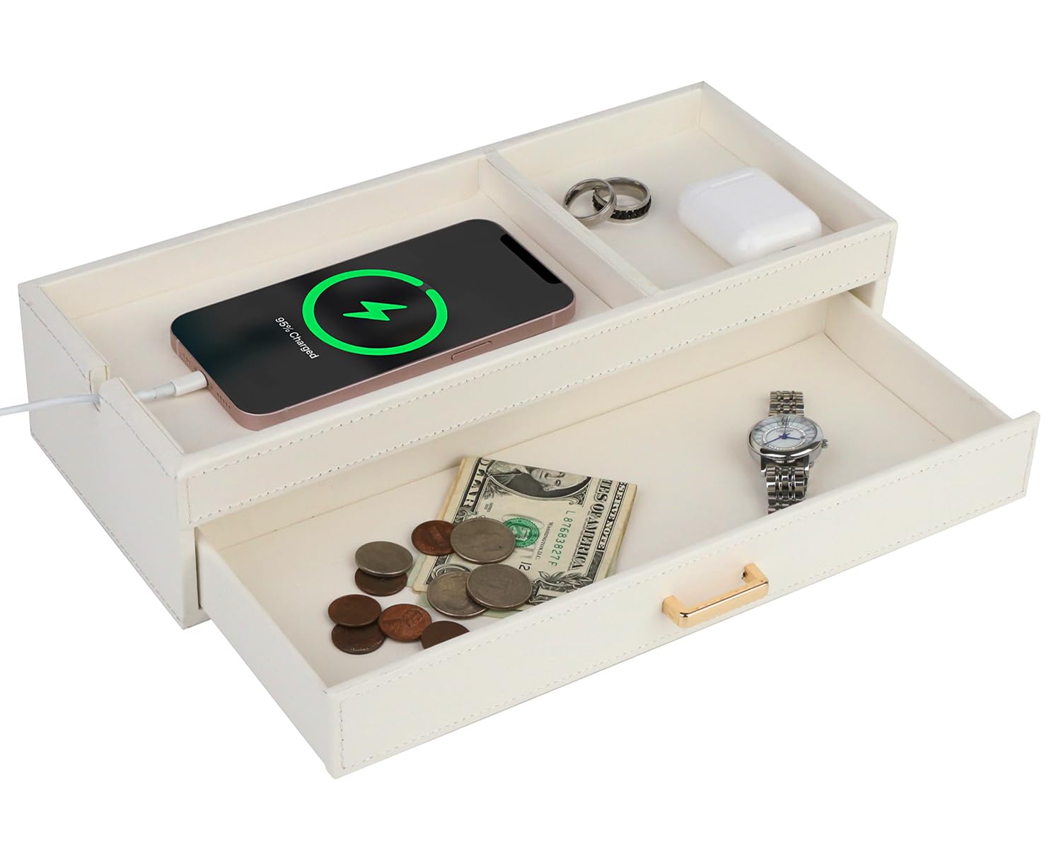 HofferRuffer Faux Leather Valet Tray with Drawer