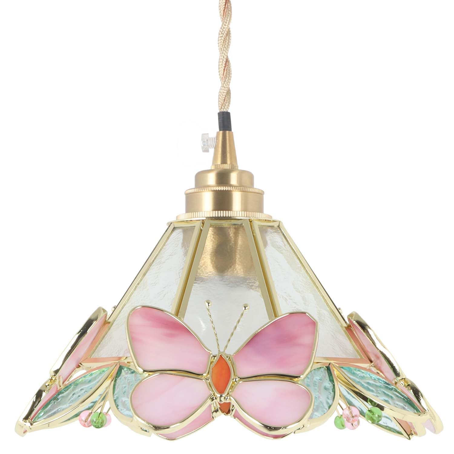 Bieye L50999 Tiffany Style Stained Glass Butterfly Flower Ceiling Pendant Light (Pink, 8.6-inch Wide)