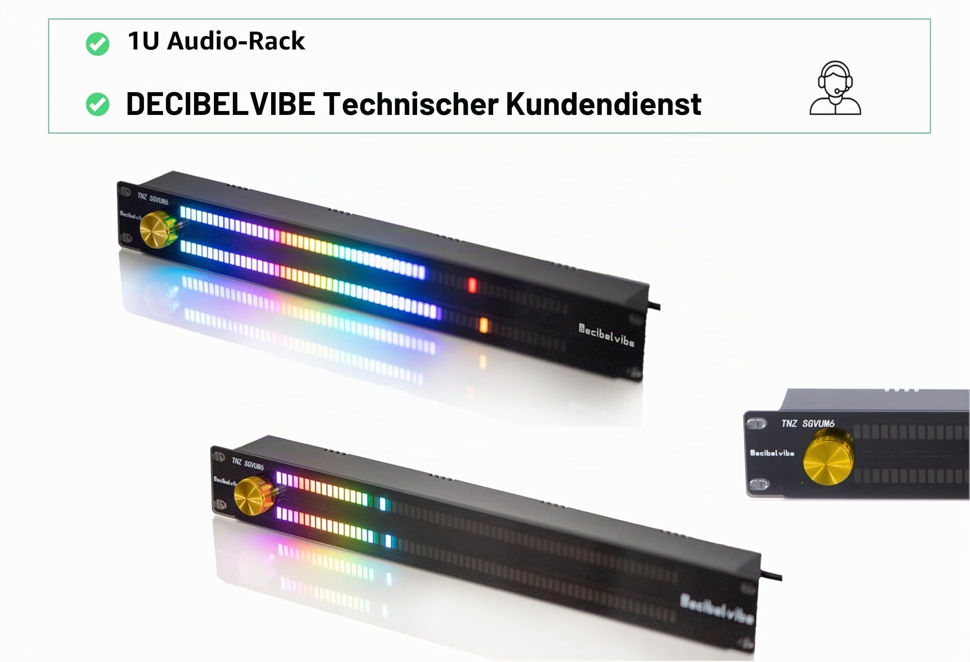 Decibelvibe TNZ SGVUM6 – VU-Meter mit Eingang/Ausgang RCA-Klinkenstecker 3,5, kabelloser Eingang über integriertes Mikrofon, 19 Farben, für HiFi-Audiosysteme, Heimkino, professionelle Sono (Gold)