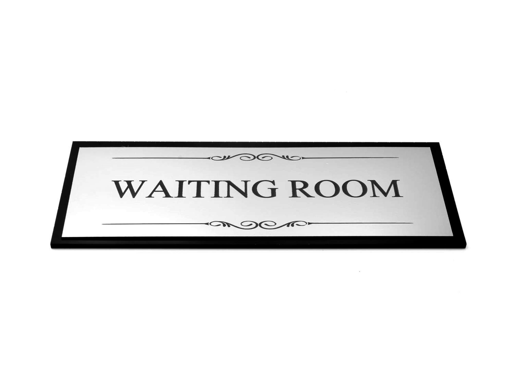 OriginDesigned Waiting Room Door Sign, Adhesive Plaque, Stylish Metallic Silver and Black - Acrylic (Size 19.5cm x 7.6cm) supplied with adhesive strips
