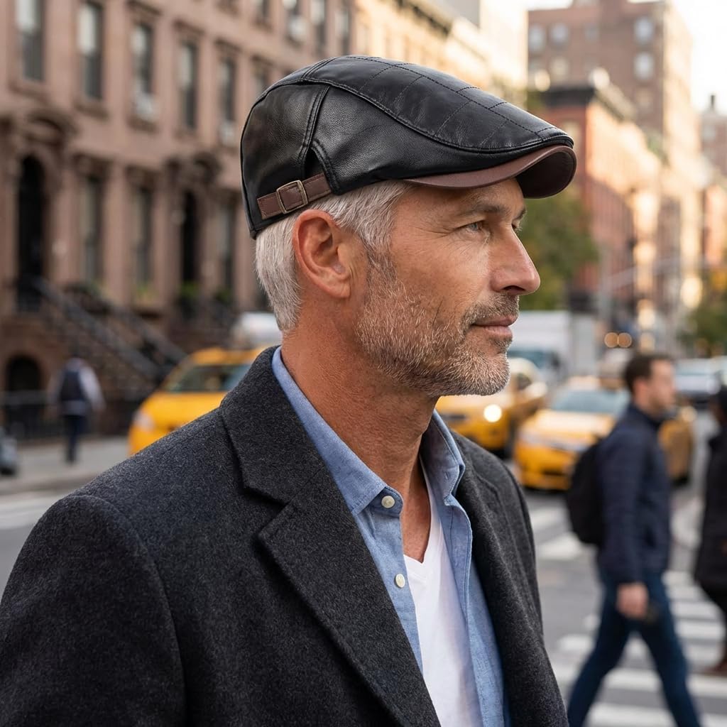Men’s PU Leather Newsboy Hat – Adjustable Ivy Flat Cap with Patch Detail, Classic Beret for Casual & Outdoor Wear - Image 6