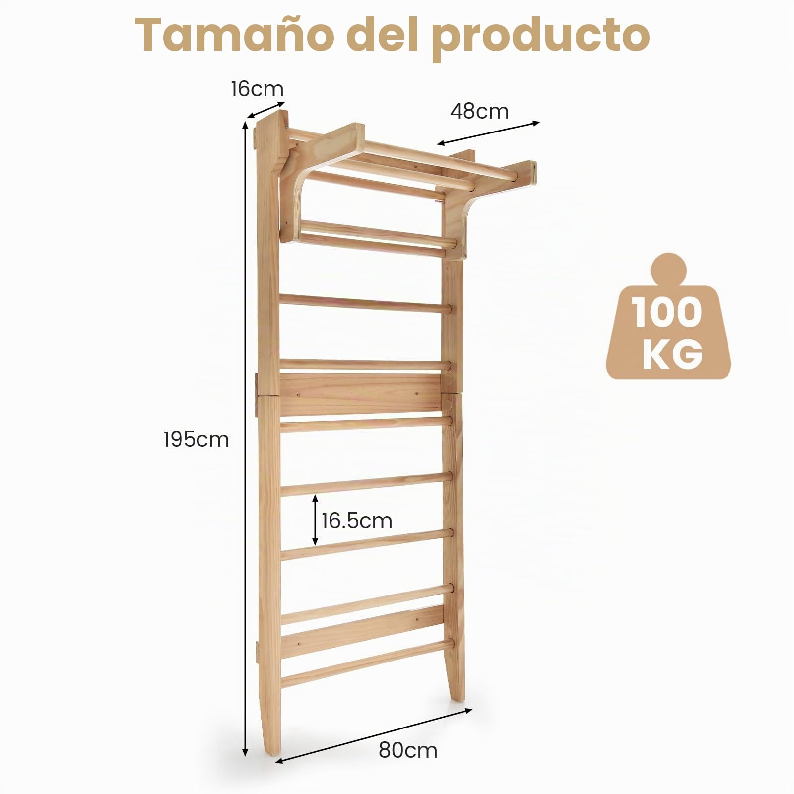 HOMASIS Espaldera de Gimnasio de Madera, Barra Sueca con Travesaño Horizontal Extraíble, Barra para Dominadas de Fitness para Casa para Niños y Adultos, 80 x 48 x 195 cm