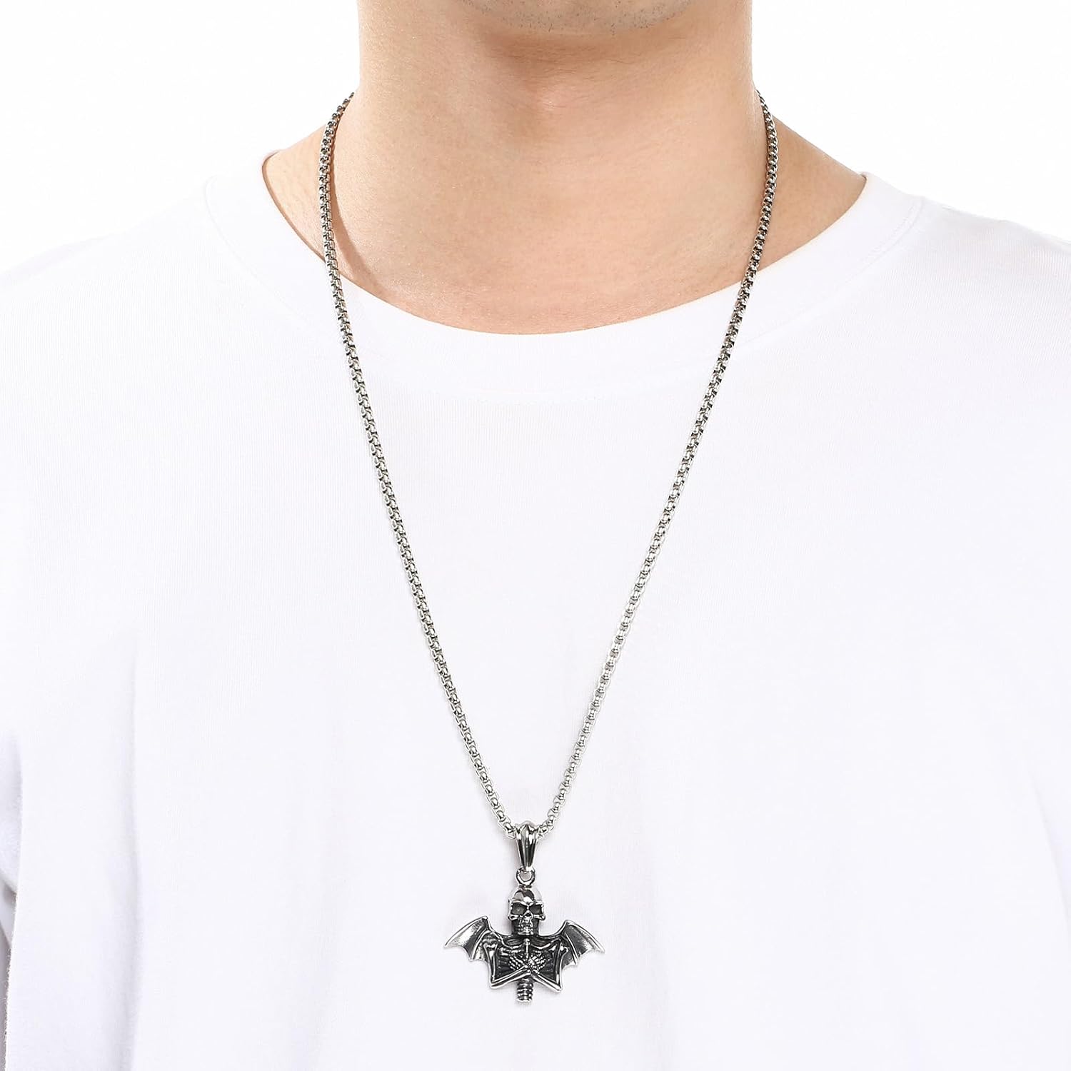 Men's Stainless Steel Skull Bat Wing Pendant Necklace, Punk Gothic Skeleton Necklace with Rope Chain, Rock Biker Jewelry Gift for Men - Image 6