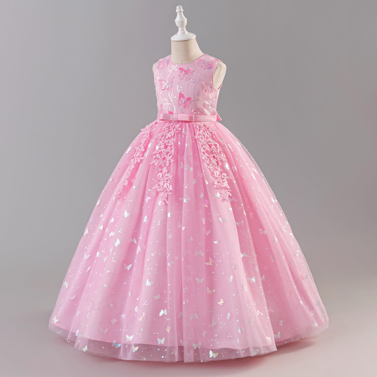 Abito da ragazza con fiori 3D floreale senza maniche in pizzo abito lungo da sposa elegante lunghezza al pavimento principessa tulle tutù abito da ballo festa di compleanno sera festival