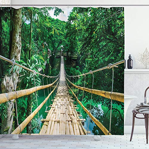 ABAKUHAUS Tropical Shower Curtain, Bamboo Pedestrian Suspension Bridge over River in Tropical Forest Philippines