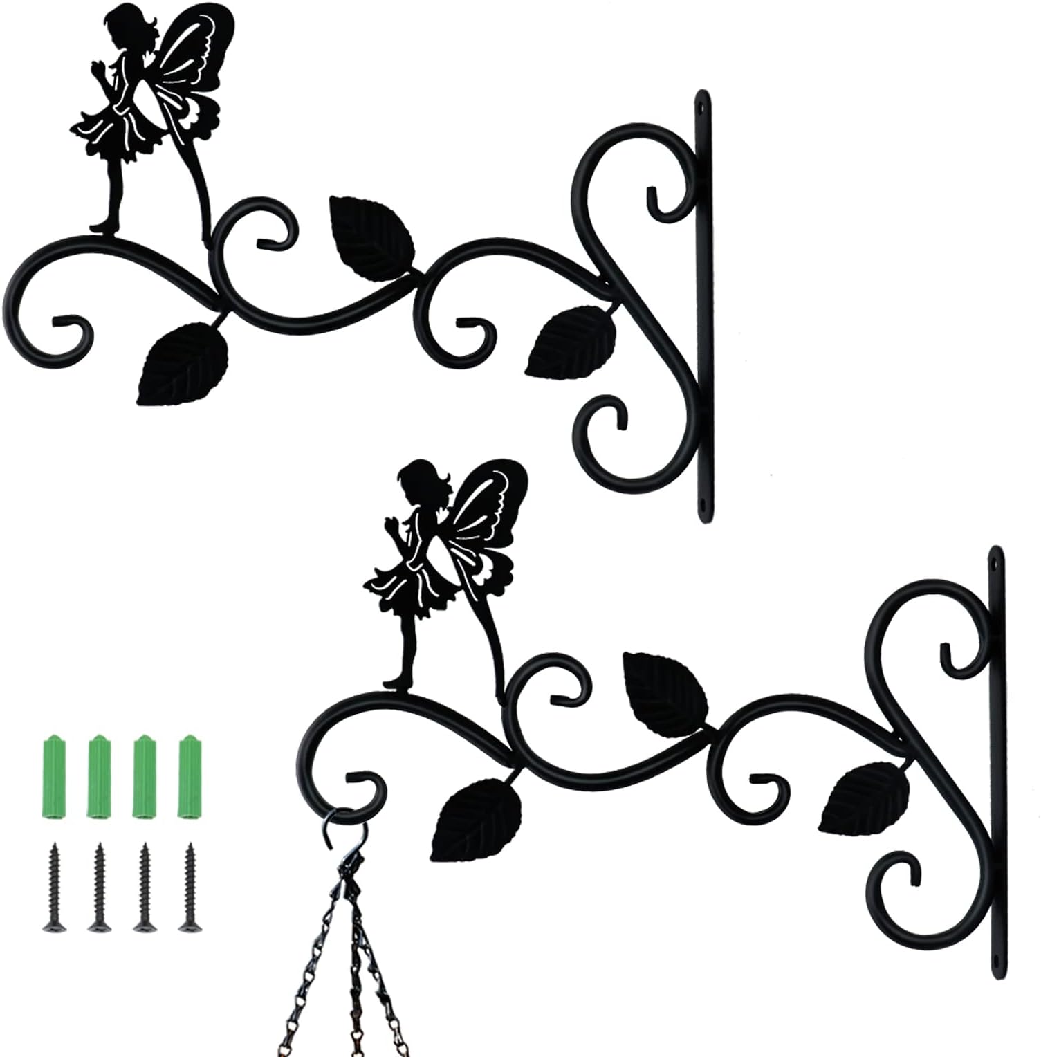 JIALAI HOME Hanging Plants Bracket 12" Angel Planter Outdoor Hooks Hangers for Flower Baskets Pot Bird Feeder Wind Chimes Lanterns Patio Garden Outdoor Indoor Metal Black, 2 Pack