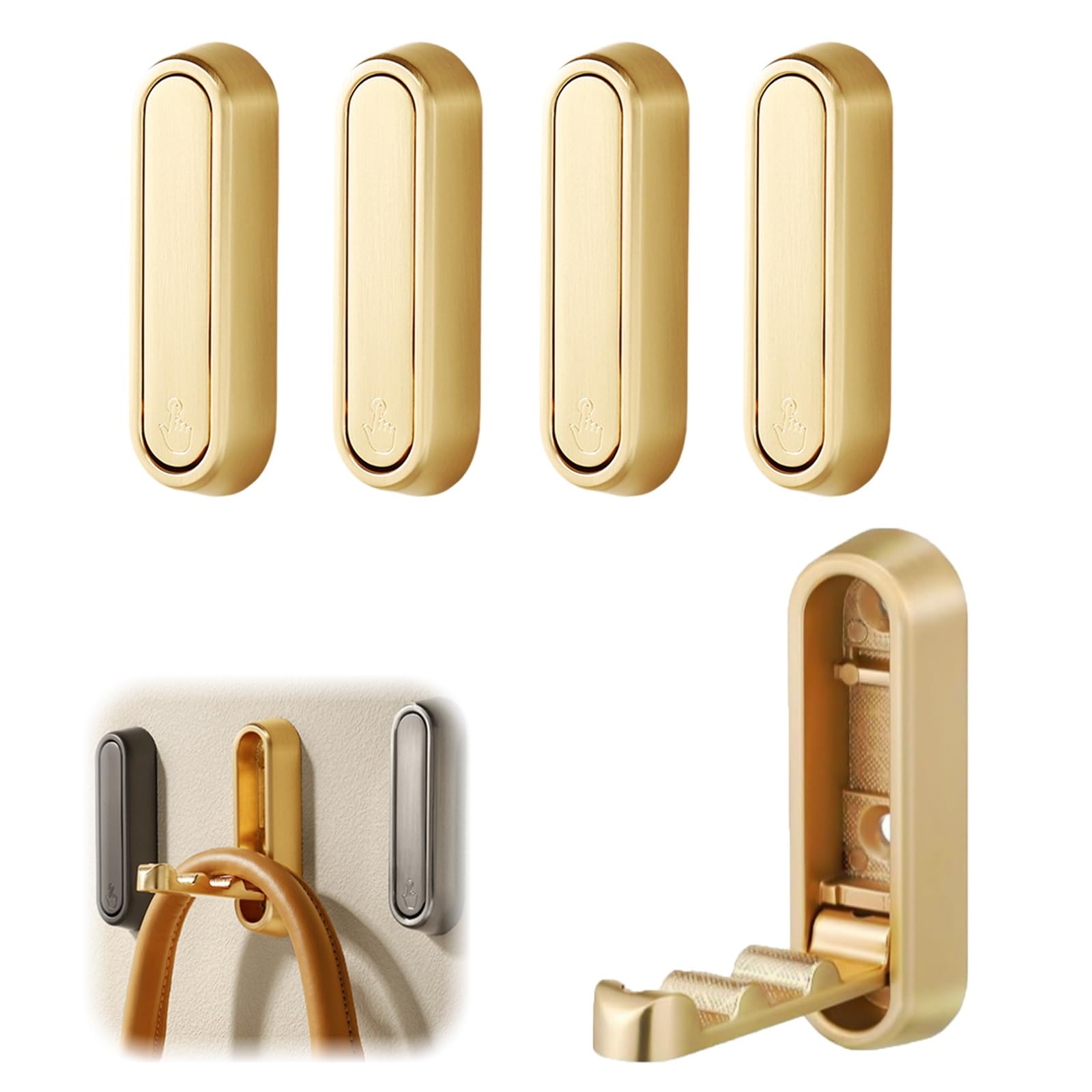 CMANLNYK 4Pcs Foldable Wall Hook for Hanging - Foldable Zinc Alloy Wall Coat Racks, Multi Functional Pressing Flip Folding Clothes Hook, Storage Door Hangers, Gold