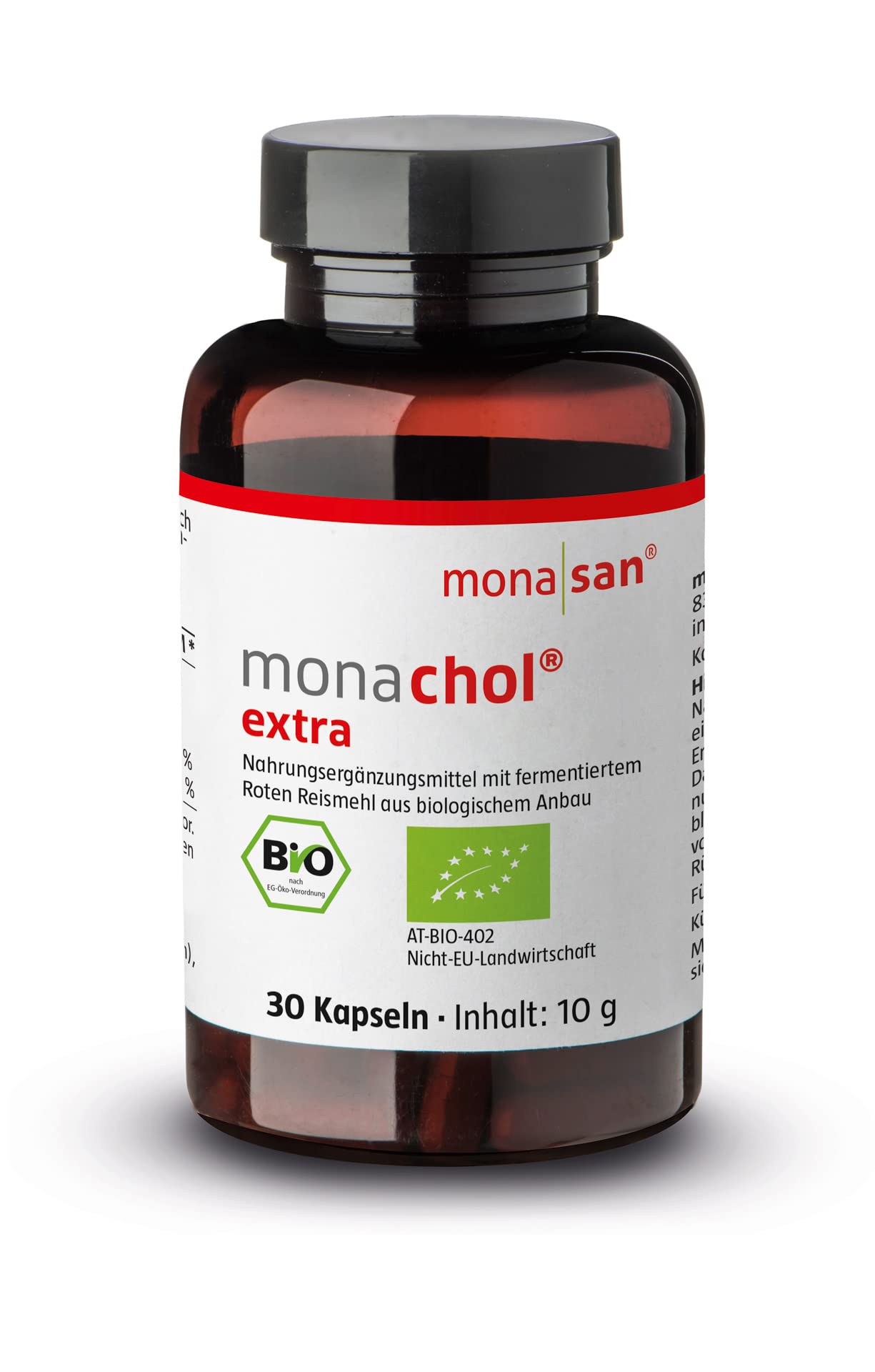 MONASAN monachol® extra BIO-zertifiziert Fermentierter Roter Reis 30 Stück | 2,8 mg Monacoline pro Kapsel, Vegan, Biozertifiziert DE-ÖKO-003, Citrininfrei, Laborgeprüft, Bedarf 1 Monat