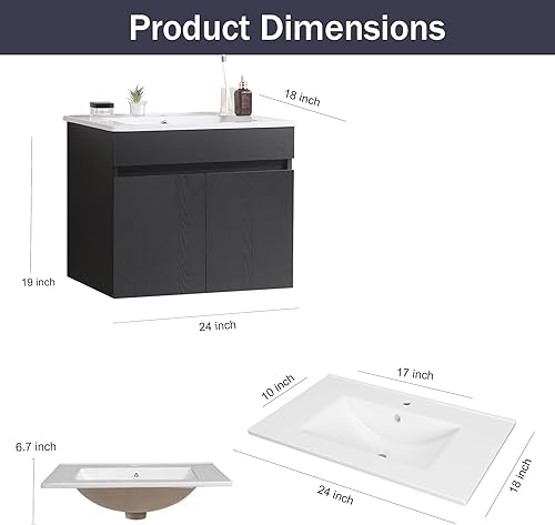 Miniatura 2 de Vanidad de baño de 24 pulgadas, tocador de baño montado en la pared con lavabo de cerámica blanca, dos puertas de gabinete de cierre suave, madera