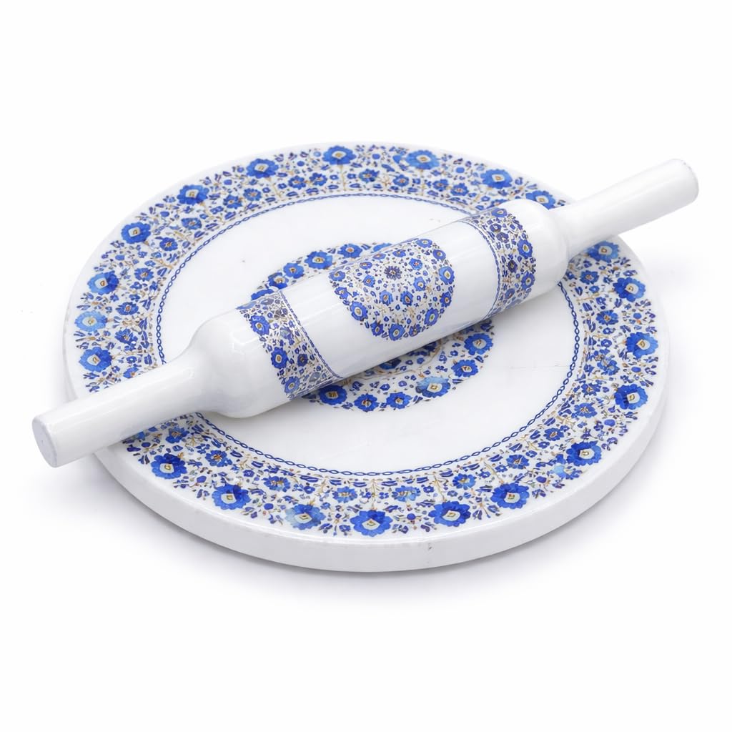 Marble Chakla Belan Set with Blue Floral Design | White Marble Roti Maker Board & Rolling Pin | Non-Slip Baking Board for Chapati, Roti, Paratha & Pizza Dough-image-9