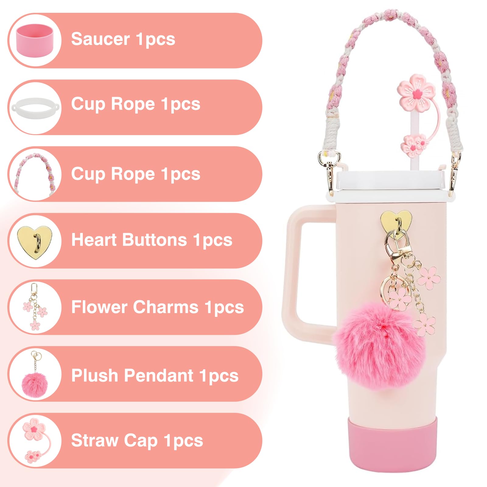 Stanley Cup Accessories Set - Handle Strap, Silicone Boot, Straw Cover, Charms For 30/40oz Tumblers, 7-Piece Kit - View #9