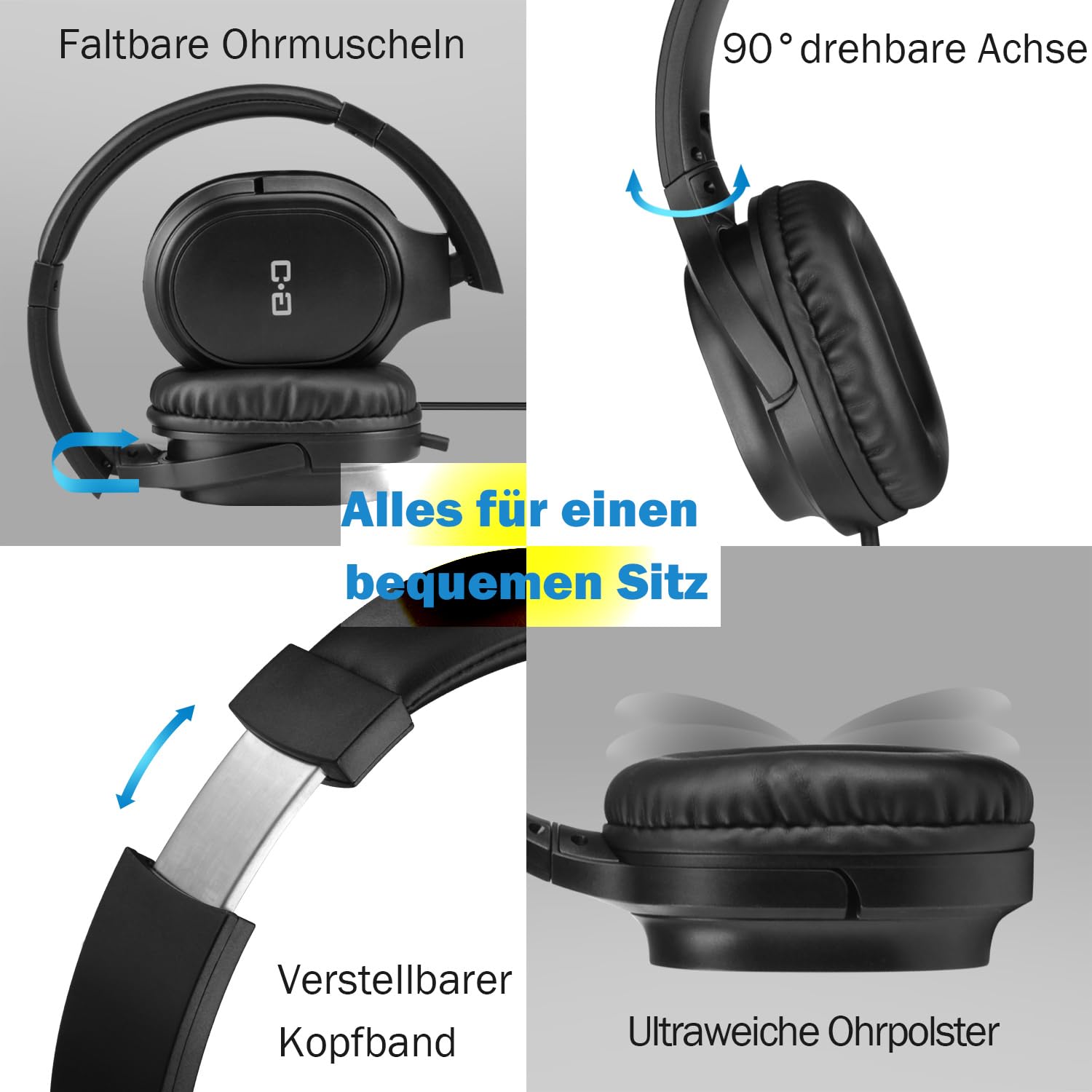 TV Kopfhörer mit extra langem Kabel, 5,5 m Spiralkabel, Lautstärkeregler | Over-Ear Stereo-Kopfhörer mit 5,5 m Spiralkabel und 3,5-mm-Anschluss für TV und PC