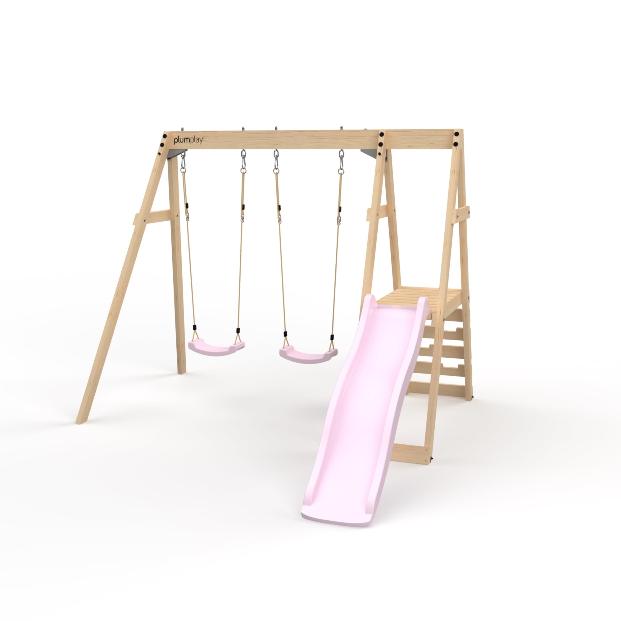 Plum Play Tamarin Wooden Garden Double Swing and Slide Childrens Outdoor Climbing Frame - 3 Years Plus - Max User 50kg per Accessory (Pink)