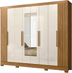 Guarda Roupas Casal Com Espelho Ripado 8 Portas 4 Gavetas Madeirado/Off White Diamante