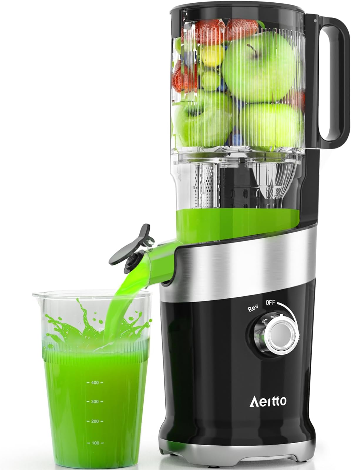 Juicer Machines, Aeitto Cold Press Juicer,4.9" Wide Mouth Fits for Whole Fruits and Vegetables, Slow Masticating Juicer Easy to Clean, High Juice Yield,Black