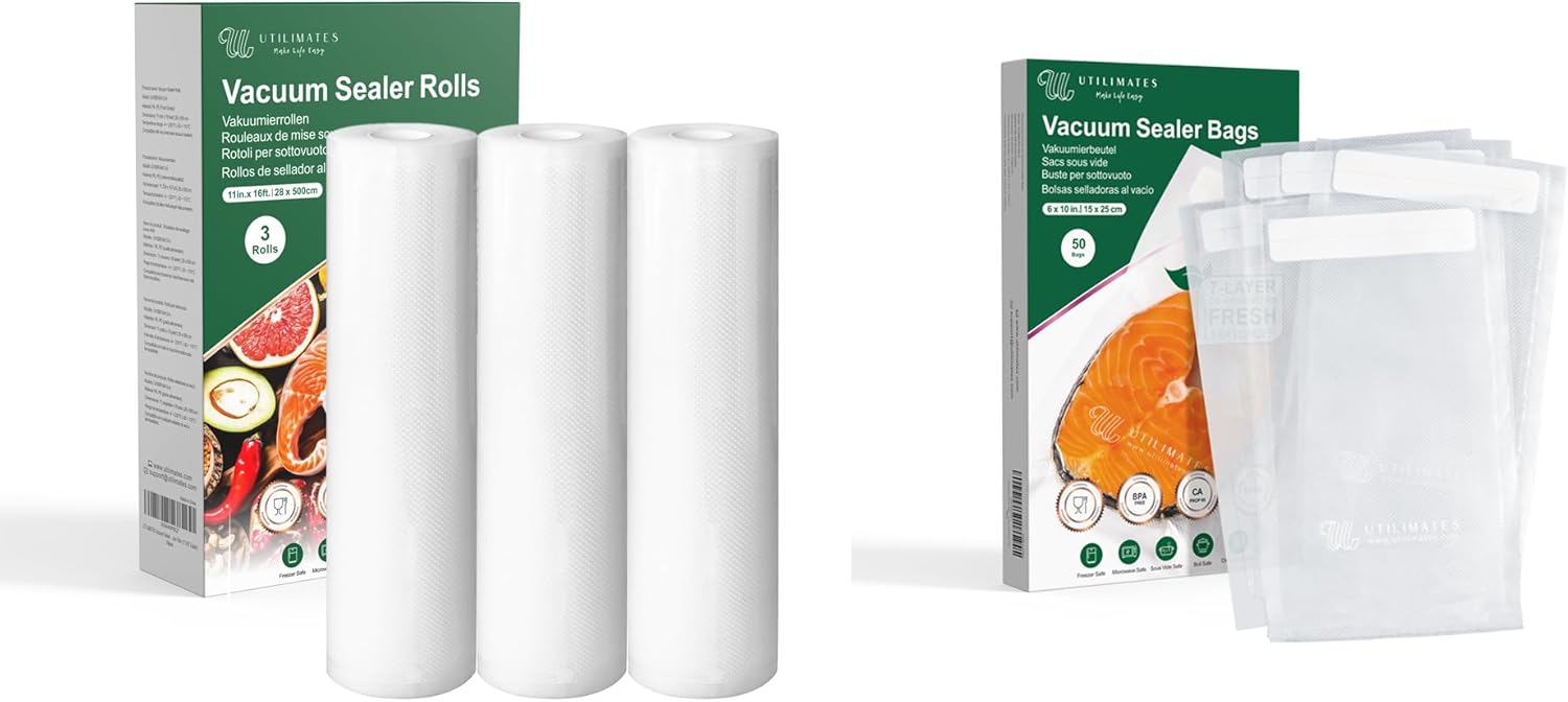 Vacuum Sealer Bags and Rolls Bundle, 8 in 50 ft 2 Rolls and 6x10 in 50 Bags, BPA-free Heavy Duty, for Freezer Food Storage Seal a Meal Sous Vide
