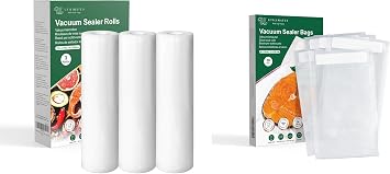 Vacuum Sealer Bags and Rolls Bundle, 8 in 50 ft 2 Rolls and 6x10 in 50 Bags, BPA-free Heavy Duty, for Freezer Food Storage Seal a Meal Sous Vide