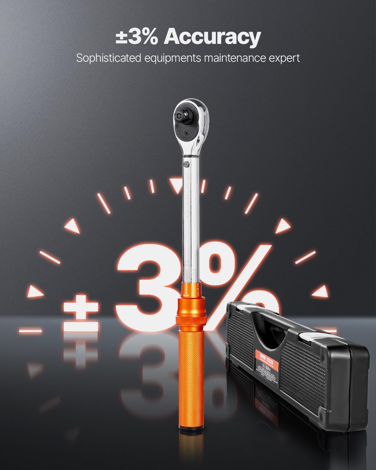 VEVOR Juego de Llaves Dinamométricas de Clic Accionamiento de 3/8" 5-60 Nm Bidireccional 72 Dientes con Vasos, Puntas, Barra de Extensión, Vasos para Bujías y Adaptador ±3% de Precisión Naranja