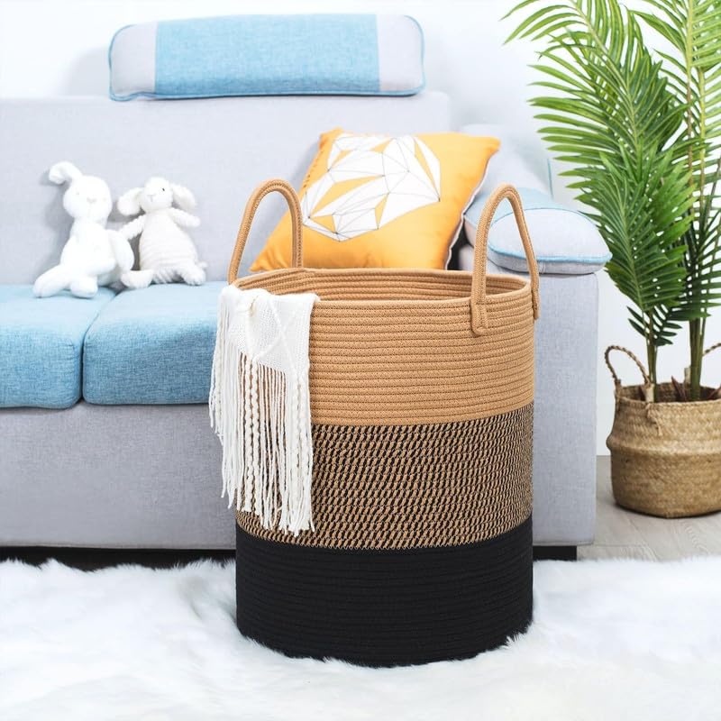 Image of Storage Cotton Rope Basket and Laundry Hamper for Dirty Clothes, Towels, Blankets, Pillows Storage in Living Room, Laundry Room and Bedroom (Beige Black, 15x18 Inch)