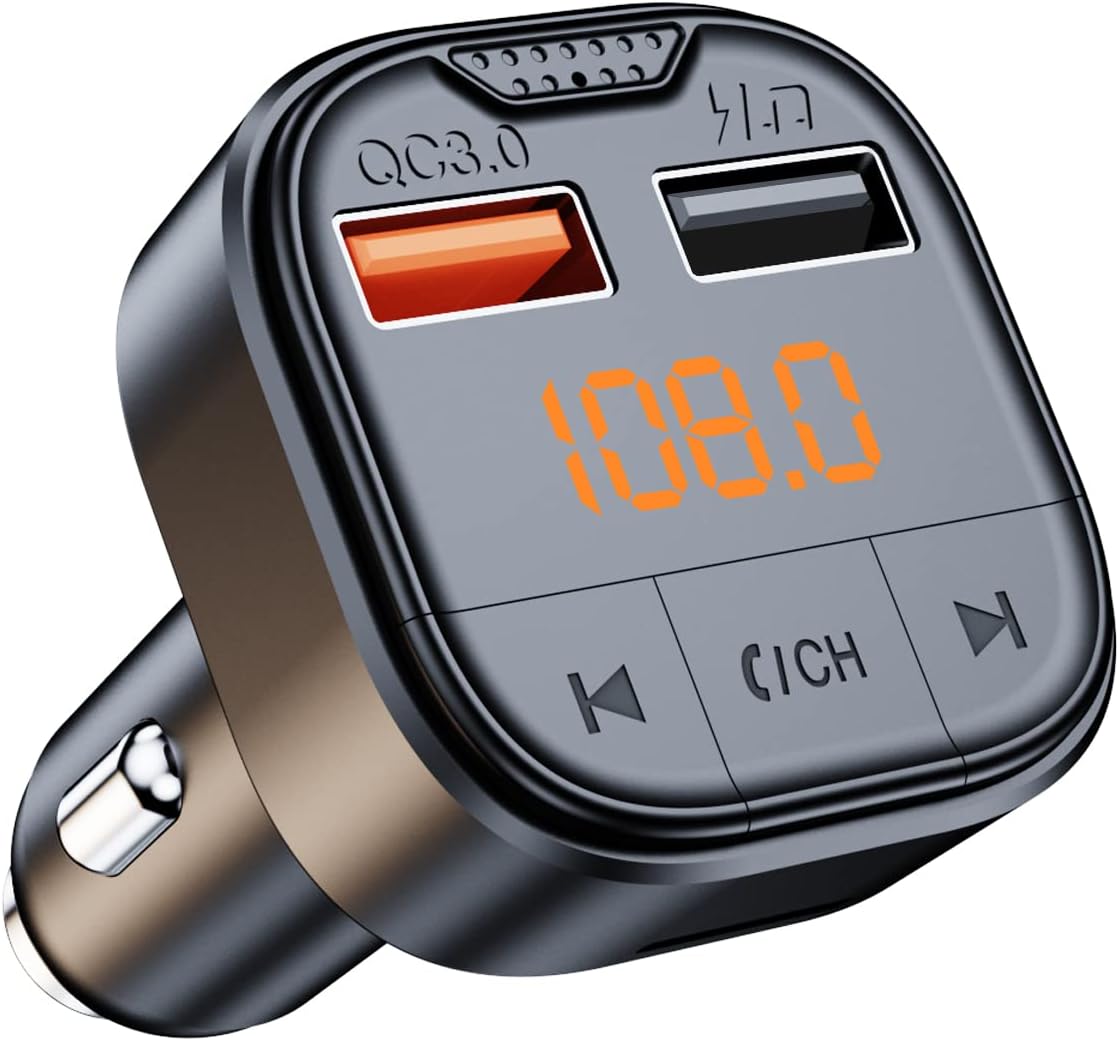 Bluetooth Adapter for Car，Bluetooth FM Transmitter for Car,MP3 Player QC3.0 Quick Charge for All Smartphones Audio Players，Supports TF/SD Card and USB