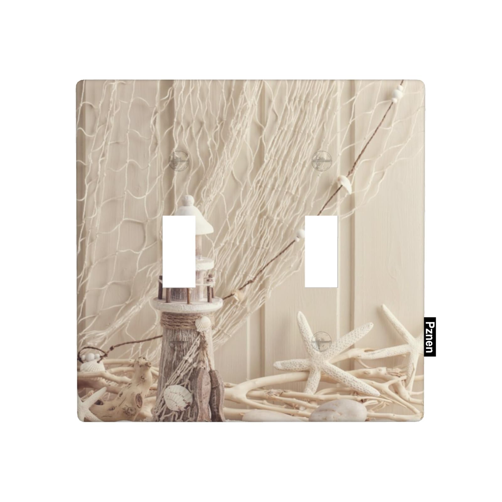 Placa de cubierta rústica náutica para interruptor de luz de conchas marinas, red de pesca, faro, estrella de mar, océano, playa, 2 bandas, placa frontal de doble interruptor para habitación de