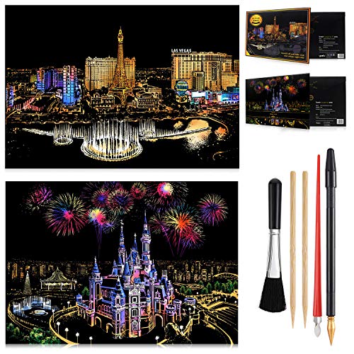 Scratch Art Paper Rainbow Painting, DIY Scratchboard City Night View Engraving Art for Kids & Adults Decompression Scratch Painting Classrooms Arts and Crafts Supplies Set: 2 Pack (Castle/Las Vegas)