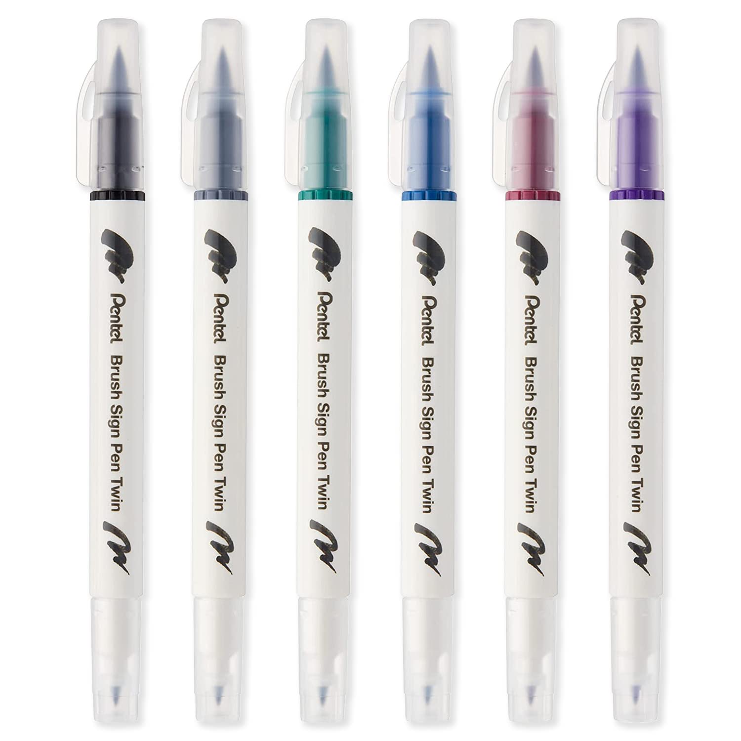 Pentel SESW30C Brush Sign Pen Twin Fibre Tip Pen, Double Ended, Water-based Ink, Dark Pack of 6, Black, Light Grey