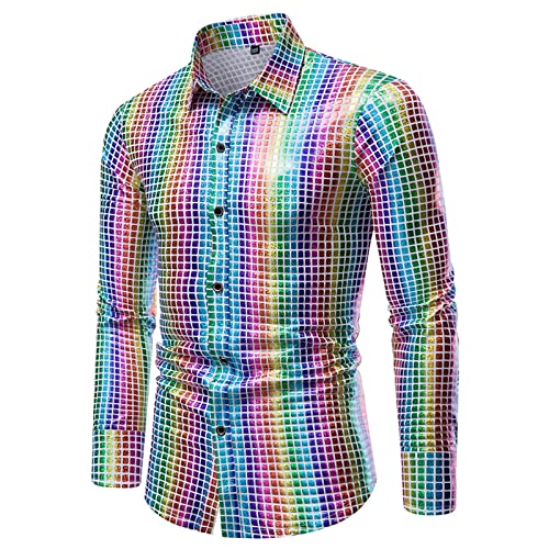 Modeewel Camicia a pailette da uomo con glitter, a maniche lunghe, per feste a tema, colore brillante, metallizzato, a maniche lunghe, arcobaleno, discoteca, feste, club, costume da cachemire, con Modeewel Camicia a pailette da uomo con glitter, a maniche lunghe, per feste a tema, colore brillante, metallizzato, a maniche lunghe, arcobaleno, discoteca, feste, club, costume da cachemire, con