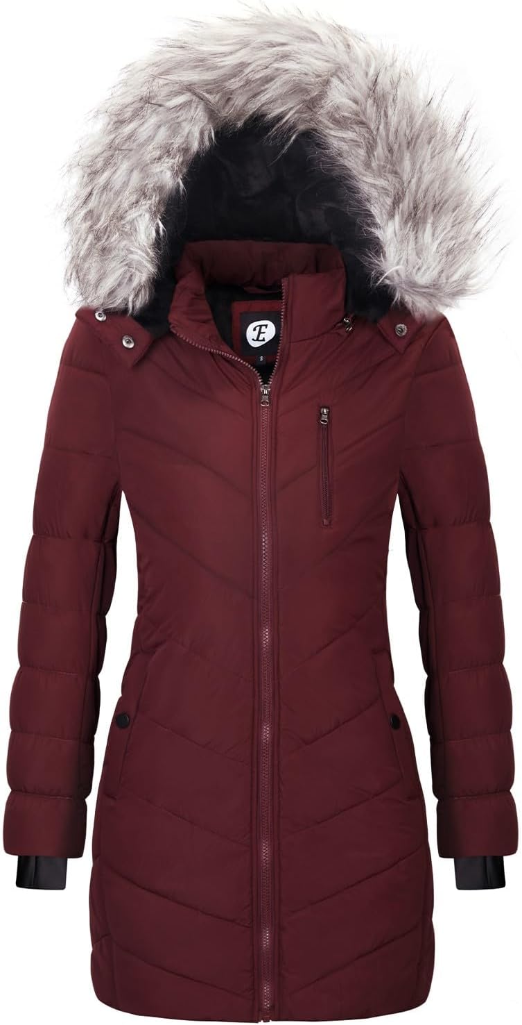Women’s Quilted Puffer Jacket Removable Faux Fur Hooded Long Puffer Coat Lightweight Full-Zip Puffer Jacket