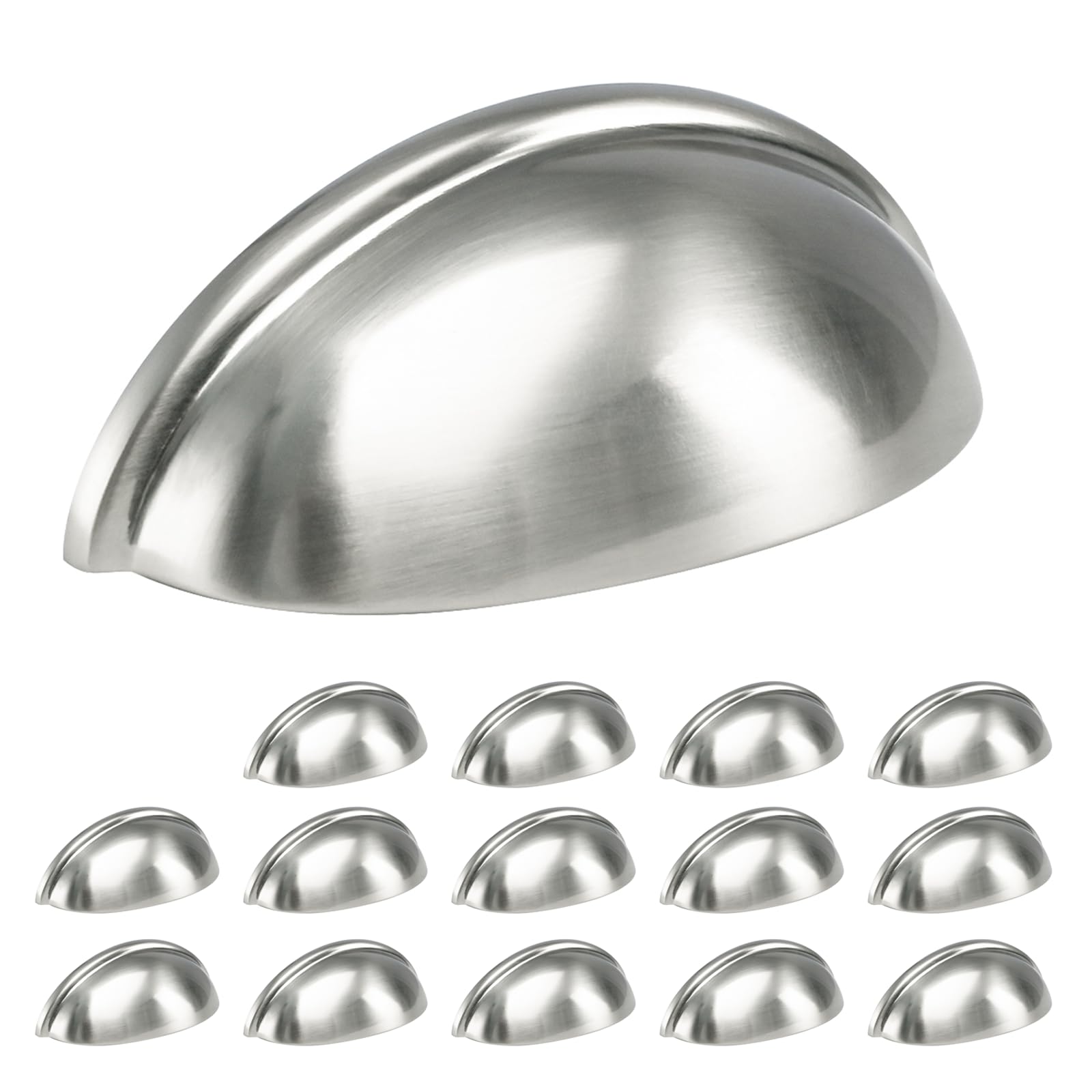 HOMOTEK15 Pack Drawer Bin Cup Pulls Dresser Pulls for Cabinets Shiny Bright Brushed Satin Nickel - 3 Inch Hole Centers Furniture Handles,Kitchen Cabinet Hardware