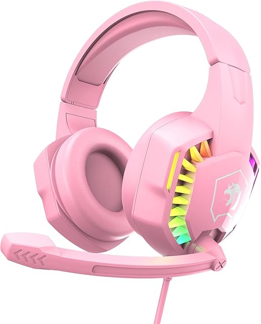 RGB Gaming Headset, 5.1 Channel Stereo Surround Sound, 3.5mm Wired LED Over-Ear Comfort Headphone with Noise Cancelling Mic & In-line Volume Control for PC Xbox One PS4 Laptop Mac Smart Phone (Pink)
