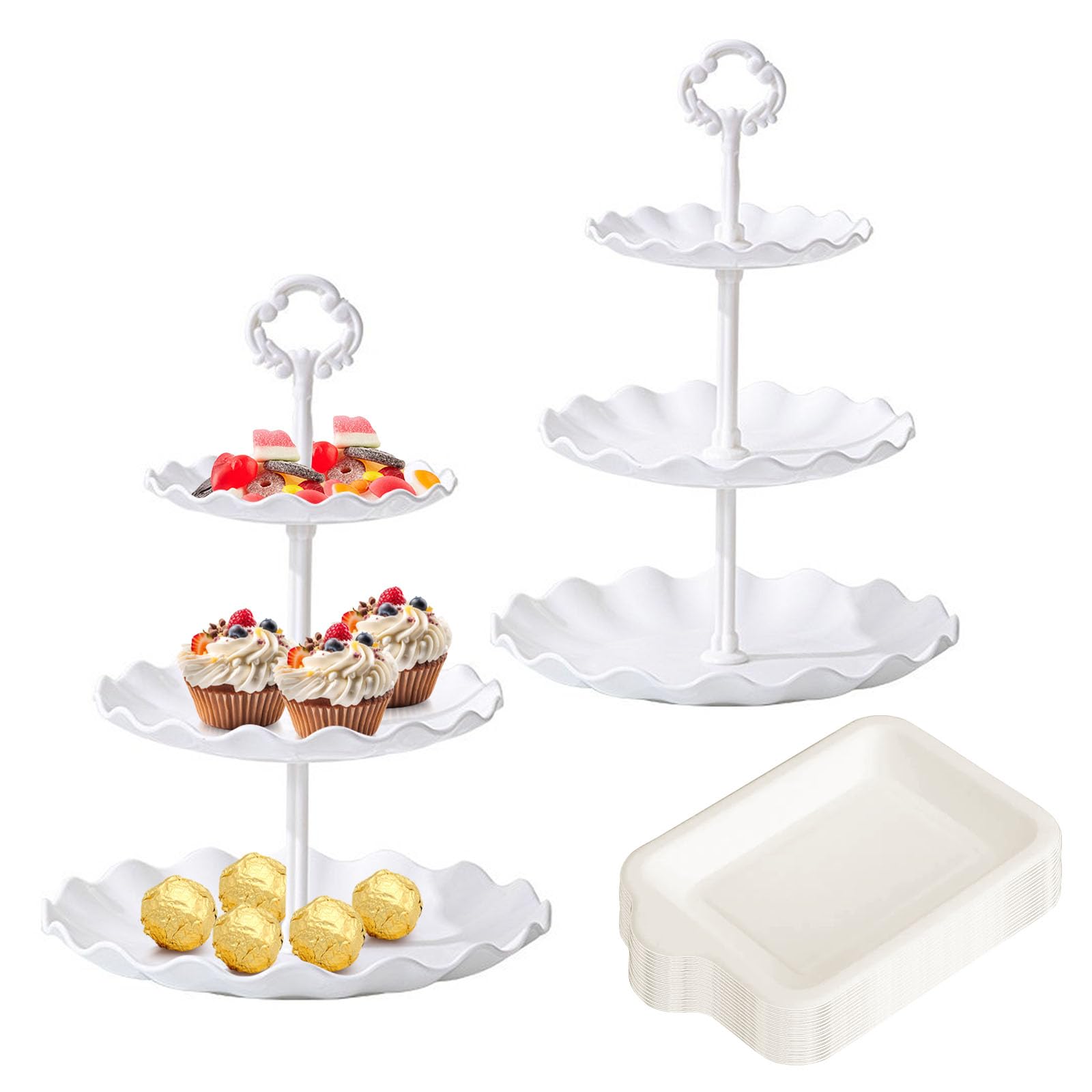 3 Tiers Cake Display Stand, 2PCS Party Server Plates Stands (White)
