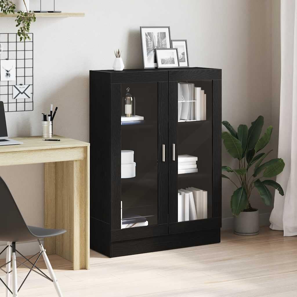 Bücherschrank Schwarz Eichen-Optik 82,5x30,5x115 cm Holzwerkstoff Regal mit 3 Fächern und Glastüren Stauraum für Bücher Aktenordner Deko Wohnzimmer Büro
