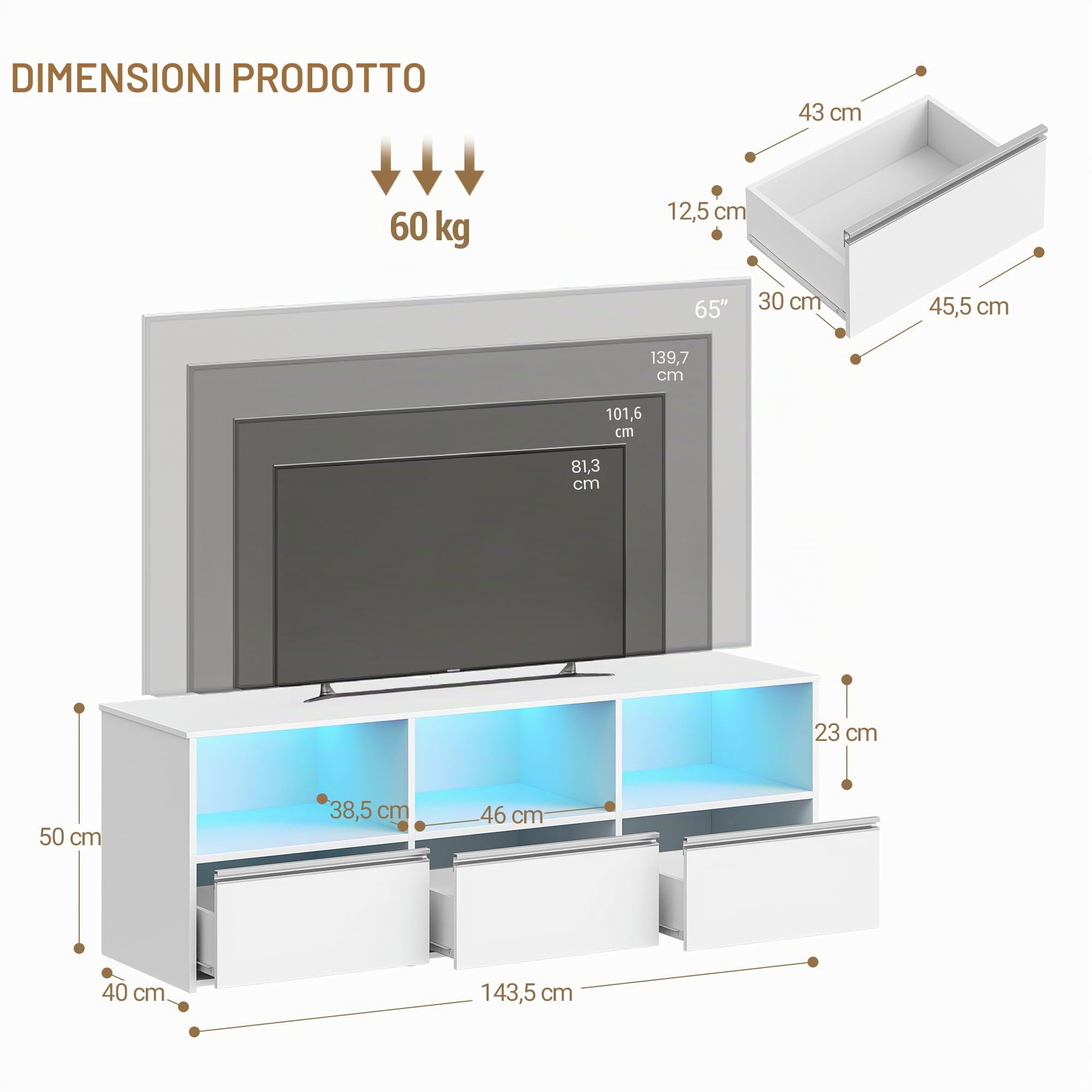 Hzuaneri Mobile TV con Illuminazione RGB LED, Tavolino Porta TV fino a 65 Pollici, Lungo 143,5 cm, 3 Cassetti 3 Scomparti Aperti, 40 x 143,5 x 50 cm, per Soggiorno, Camera da Letto, Bianco-Argento