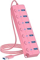 Onfinio 7-Port USB 3.0 Hub with Individual Switches & LED Lights, 3.2ft Cable - Pink for MacBook, Laptop, PC, PS4