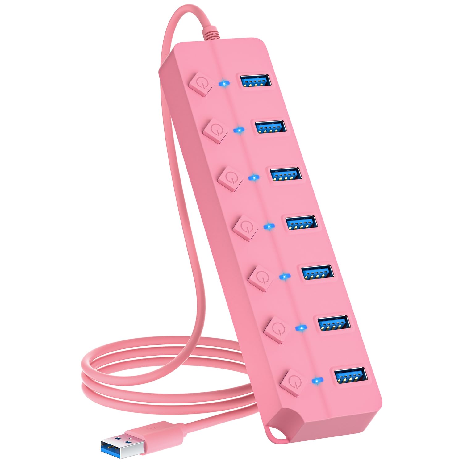 ONFINIO Hub USB 3.0, 7-portowy rozdzielacz koncentratora USB z indywidualnymi włącznikami i światłami, kabel o długości 1 m, kompatybilny z MacBookiem, laptopem, Surface Pro, PS4, PC, pendrivem