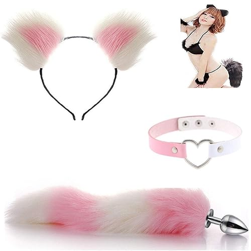 Lot de 3 colliers en cuir avec cœur B-ütt an-âl Pl-ùg T-ö-ys et queue de chat mignonne et bandeau, ras-du-cou, costume de cosplay