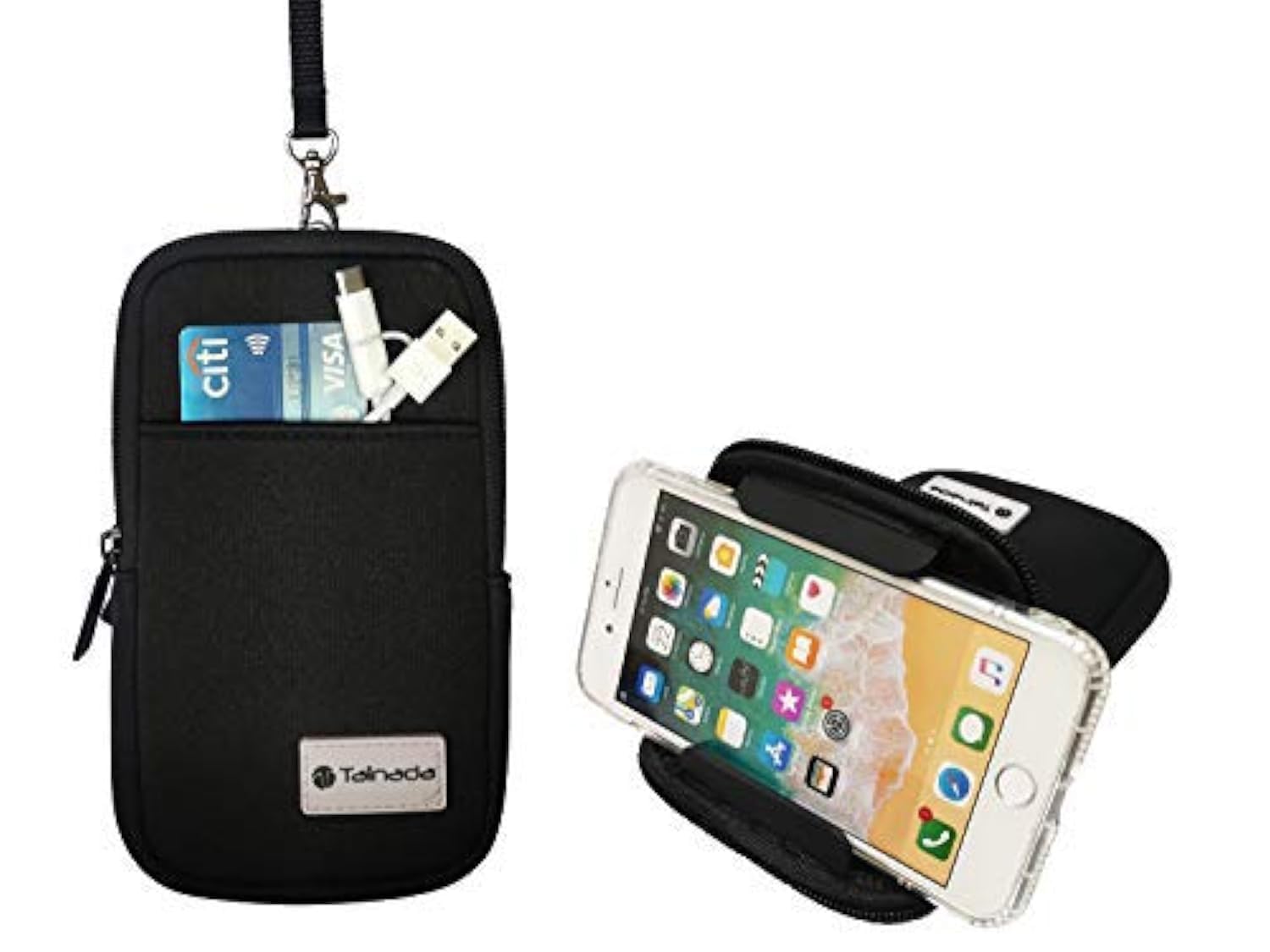 Tainada Men Women Neoprene Extra Large Multi-Purpose Shockproof Soft Bubble Padded Zippered Sleeve Case Bag Wristlet Phone Pouch with Carabiner, Detachable Neck Lanyard Strap, Belt Loop Holster(Black)