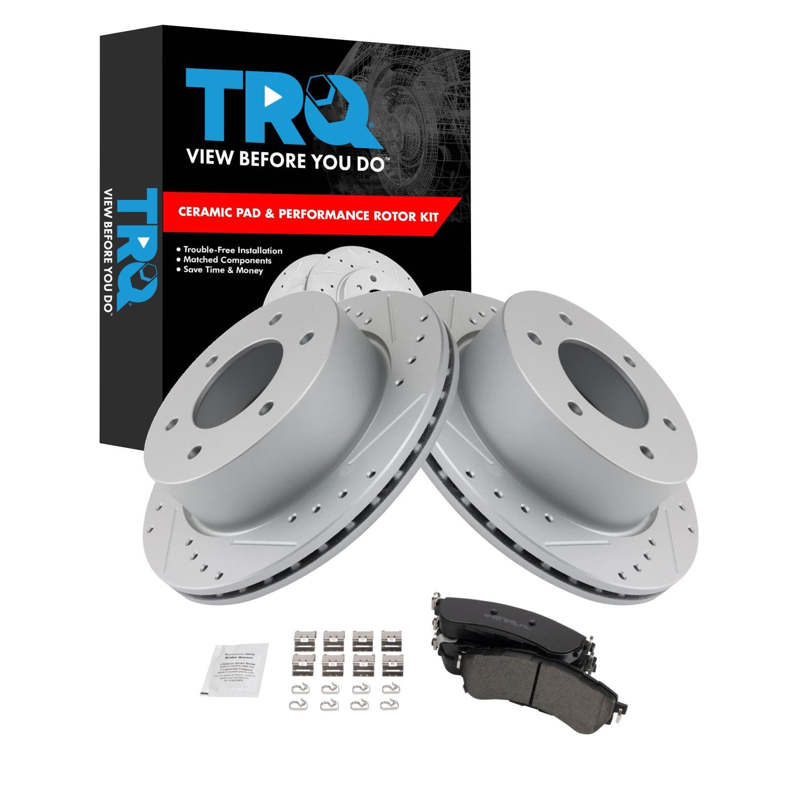 TRQ Performance Rear Brake Pad and Rotor Set Ceramic Coated Drilled Slotted Rotors Compatible with 2019-2021 Ford Ranger