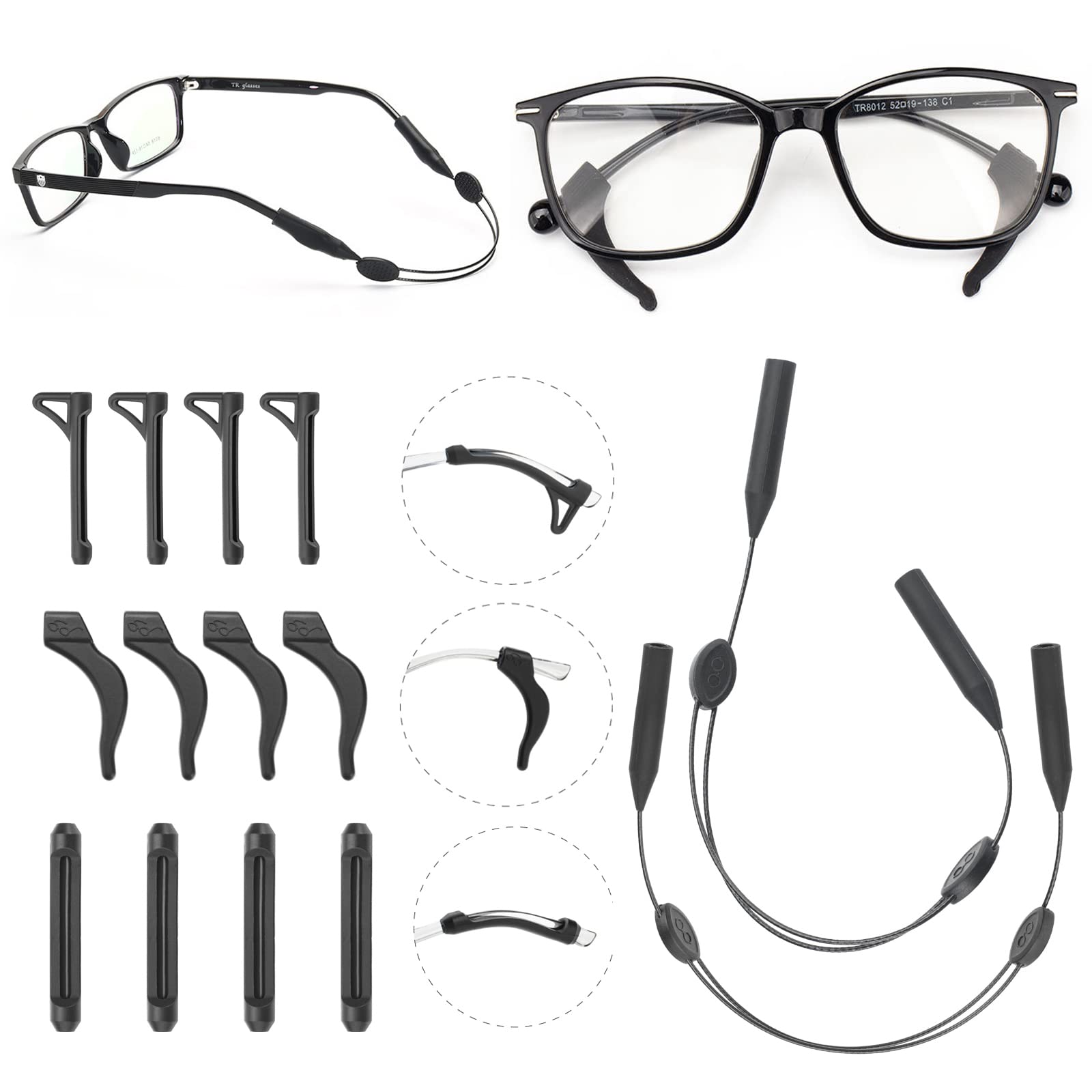 FACATHEyeglass Ear Grip - Soft Comfortable Anti-Slip Holder, Silicone Ear Hook, Eye Glass Temple Tips Sleeve Retainer for Glasses for Reading Glasses, Sunglasses, Sports Eyewear 6Pairs + 2 Strap