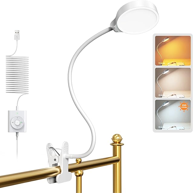 Glocusent Lampka do czytania o mocy 5 W, 36 diod LED, lampka zaciskowa, przyjazna dla oczu lampka do czytania, zacisk, 3 kolory i 5 poziomów jasności, przypinana lampka zaciskowa LED z łabędzią szyją