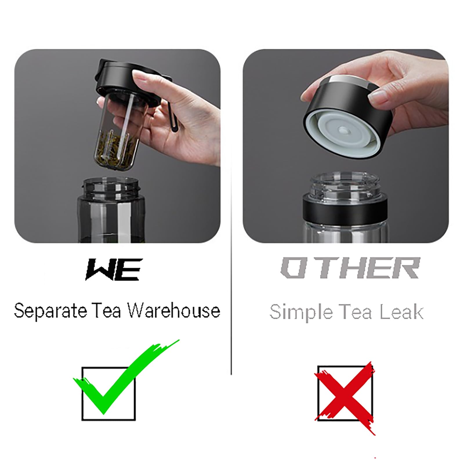 Teeflasche mit magnetischem Deckel Filter Tee-Wasser-Trennung Trinkbecher tragbare Glasteetasse Tee-Ei für losen Blatt-Tee Black 1200mL